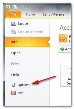 Outlook 2010 Options Button