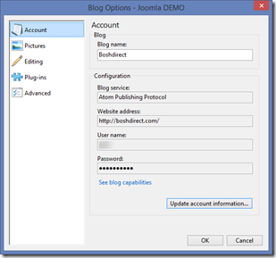 Windows Live Writer Account Options