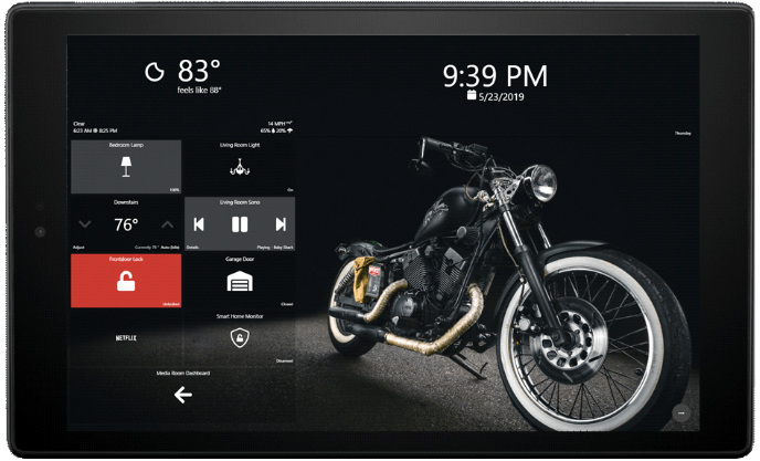 SharpTools Dashboard with Smart Home Tiles and Motorcycle Background